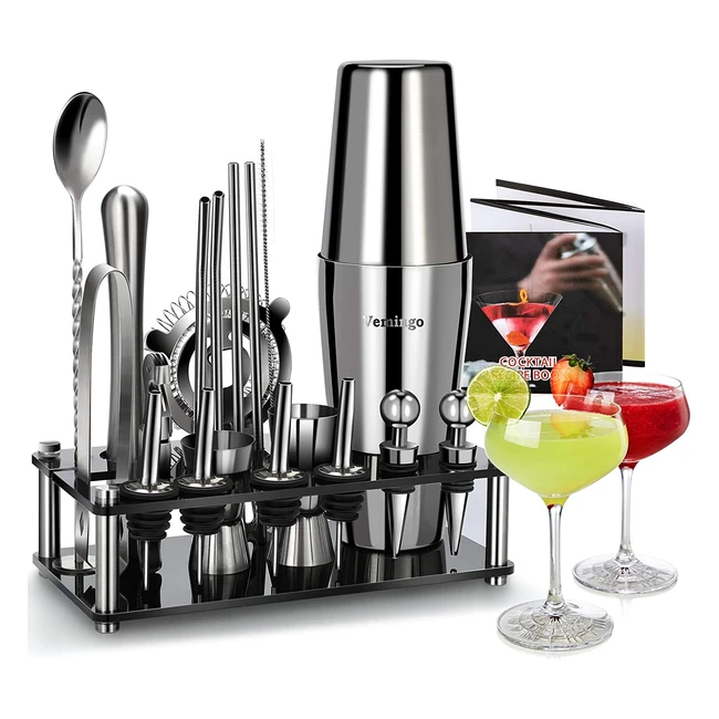 Vemingo Cocktail Making Set - 20pcs Stainless Steel Bar Tool Kit with Boston Shaker, Strainer, Jigger, Mixing Spoon, Recipes - Great Bartender Gift