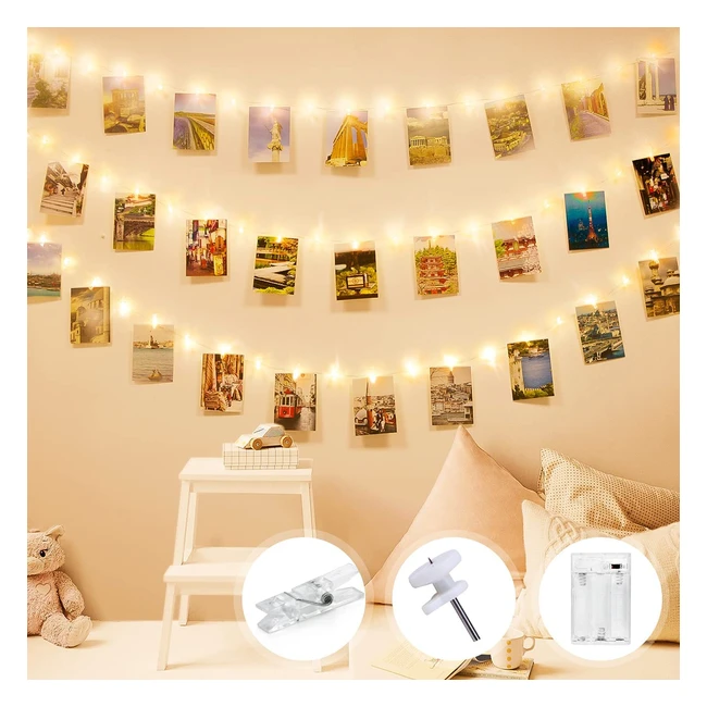 Guirlande Lumineuse Photo Litogo 10m 100LED - Décoration Chambre - 60 Clips - Blanc Chaud