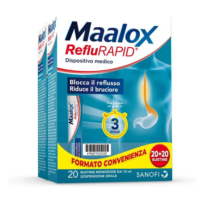Maalox Reflurapid 20 - 20 bustine monodose senza lattosio e glutine - Azione triplice per il reflusso acido