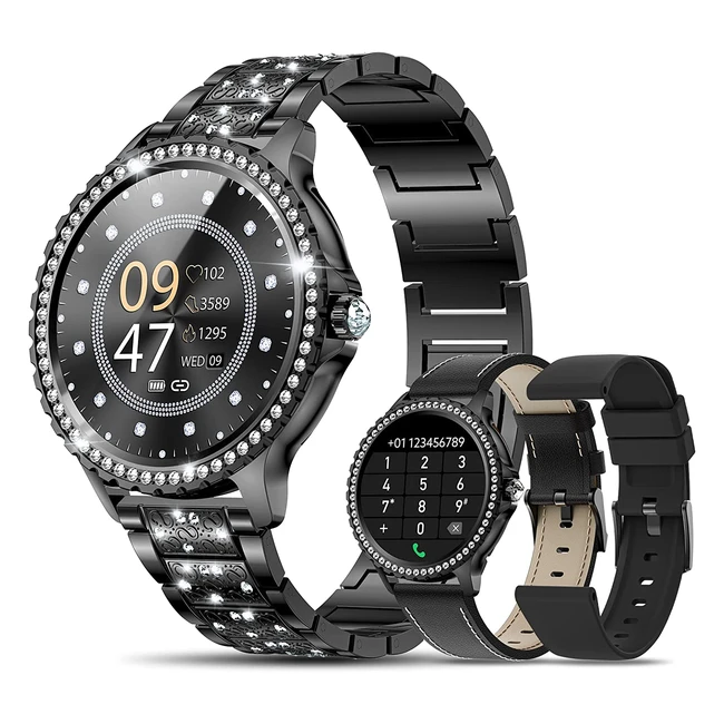 Smartwatch Dekefit Mujer 132 HD con Llamada Bluetooth y 3 Correas Intercambiables - Función Femenina, Pulsómetro, Spo2, Calorías y Sueño - Compatible con Android e iOS - Negro