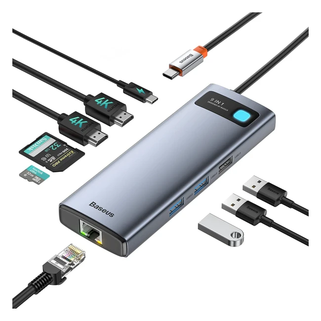 Baseus Docking Station USB C Dual HDMI Hub 9 en 1 con Ethernet RJ45, 2 HDMI 4K, 3 USB PD 100W, Lector de Tarjetas SDTF para MacBook, iPad, Dell, HP, Surface, Lenovo