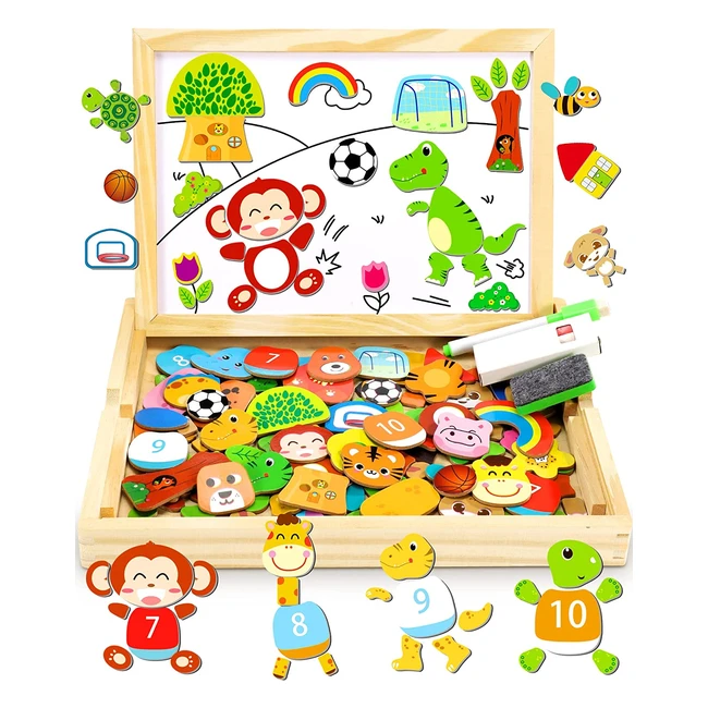 Puzzle en bois magnétique Jojoin 110 pièces - Jeu de sport animalier avec tableau noir double face - Jouet éducatif Montessori pour enfants