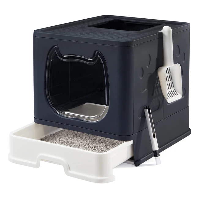 Foldable Suhaco Cat Litter Box with Lid, Top Entry, Scoop, and 21 Cleaning Brush - Black
