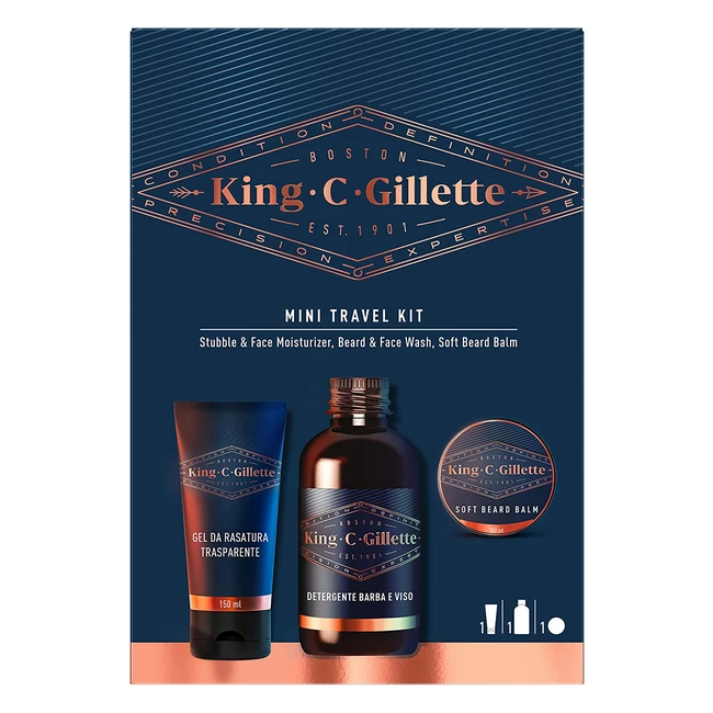 Kit da viaggio King C Gillette per la cura della barba - Crema idratante 30ml, detergente 60ml, balsamo 25ml