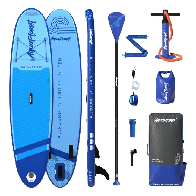 Aquaplanet Inflatable Stand Up Paddle Board Kit - All Round Ten - 10ft - Ideal for Beginners & Experts - Includes Fin, Paddle, Pump, & More