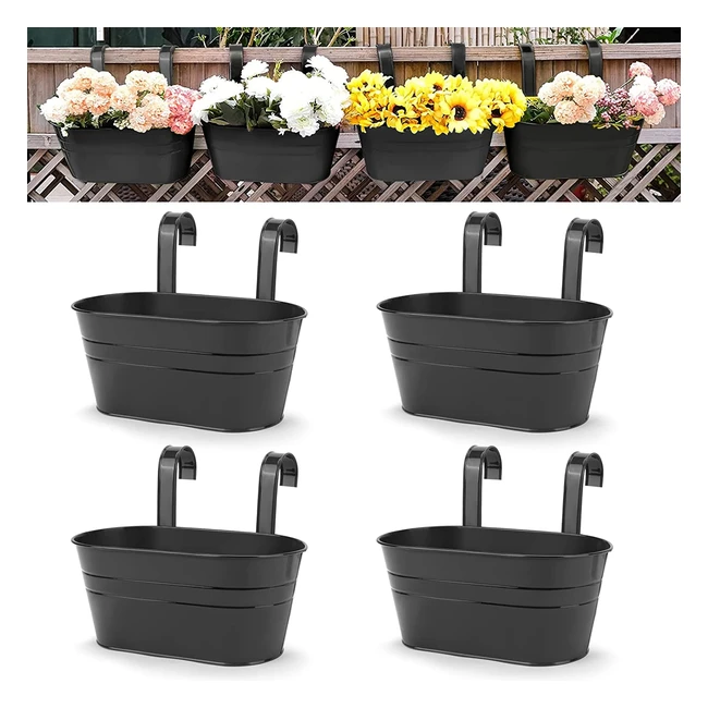 OGIMA Large Hanging Flower Pots - Indoor/Outdoor Wall Planter for Balcony, Fence, Garden - Detachable Hooks - 4 Black Pots