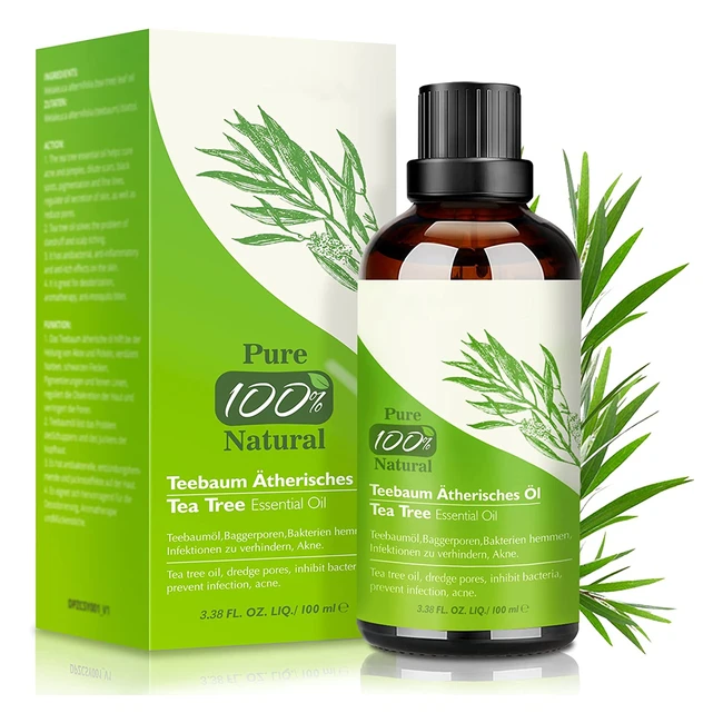 Olio essenziale Tea Tree puro 100%, 100 ml - Anti-acne, brufoli, punti neri, unghie, capelli e corpo