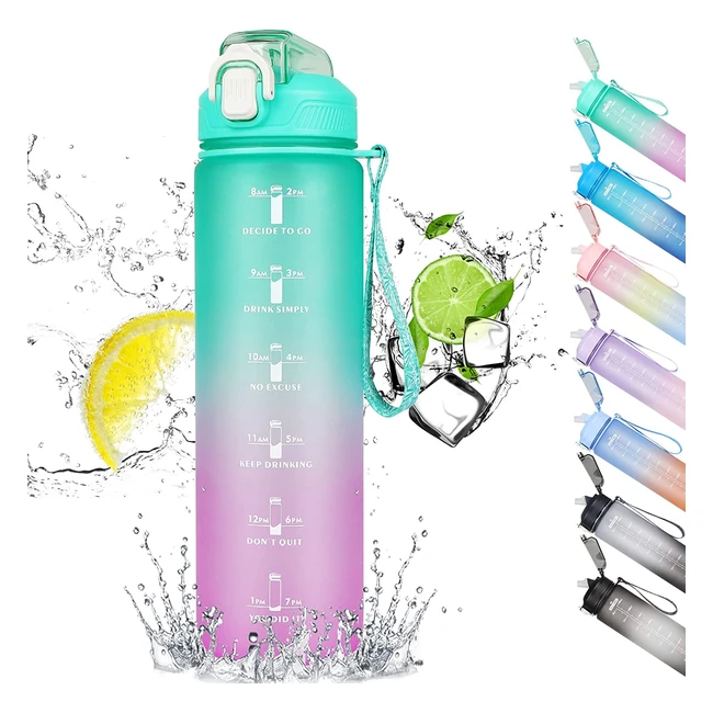 Codicile Motivational Water Bottle - 1L Sports Bottle with Straw & Time Markings