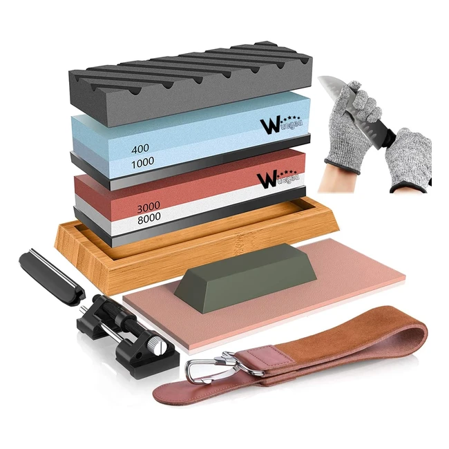 Professional Knife Sharpeners Kit - 4001000 & 30008000 Grit Whetstone Set with Angle Guide, Flattening Stone, Leather Strop & Cut-Resistant Gloves