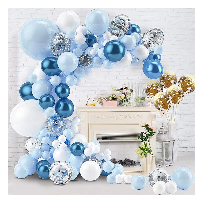 Kit de guirnalda de globos decorativos para cumpleaños - 112 piezas de macaron metal azul, blanco, oro, plata y confeti para decoración de fiesta de arco