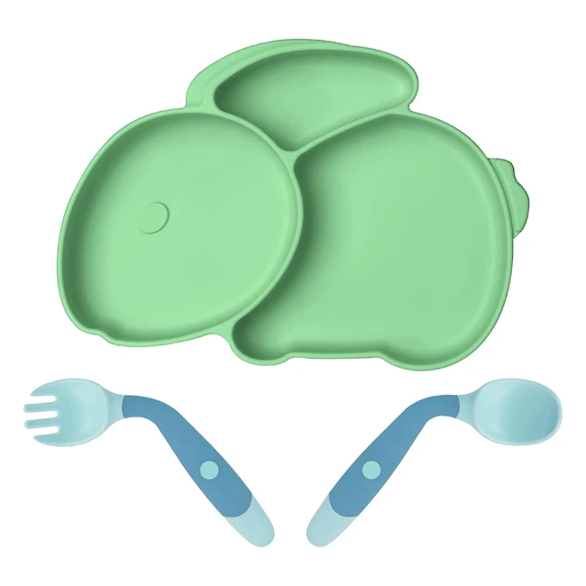Assiette en silicone pour bébé Vicloon avec 3 compartiments et 2 cuillères - Compatible lave-vaisselle et micro-ondes - Vert