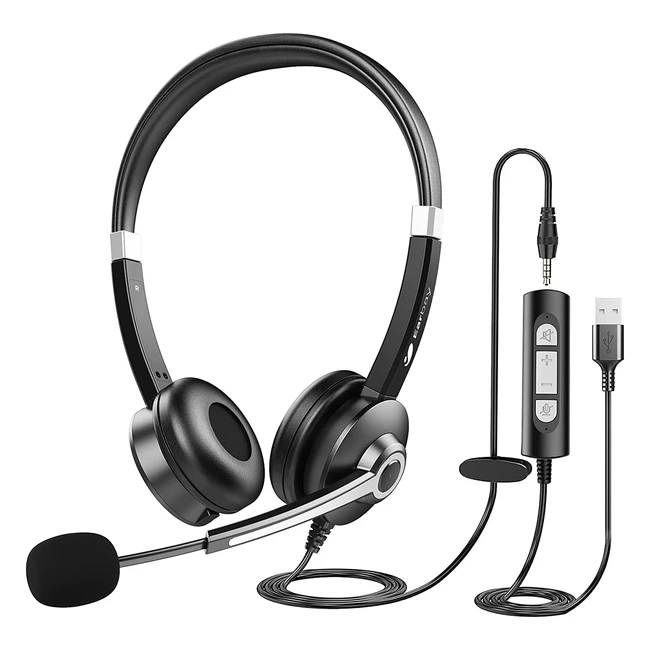 Super Clarity USB Headset with Mic for Laptop PC - Noise Cancelling & Inline Volume Control - Business Office Skype Zoom