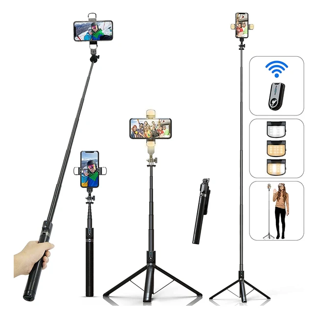 Perche selfie trépied Ashiner 180cm avec télécommande et lumières LED pour photos et vidéos iPhone et Android