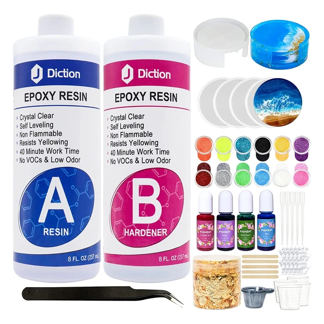 JDiction Crystal Clear Epoxy Resin Kit for Beginners - 16oz/474ml with Coaster Molds, Pigments, Glitter, and Gold Flakes