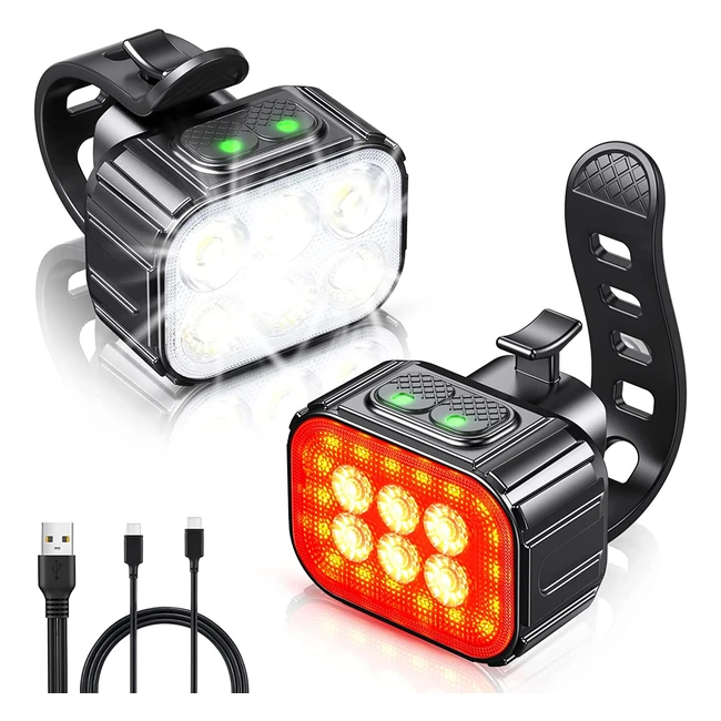 Lampe Vélo LED rechargeable USB, étanche IP65, 500 lumens, 2x4 phares 2x6 feux arrière, modes multiples