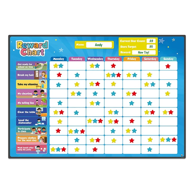 Magnetic Reward Chart for Children - 80 Chores - Potty Training - Star Chart - Behaviour Chart for Responsibility and Routine