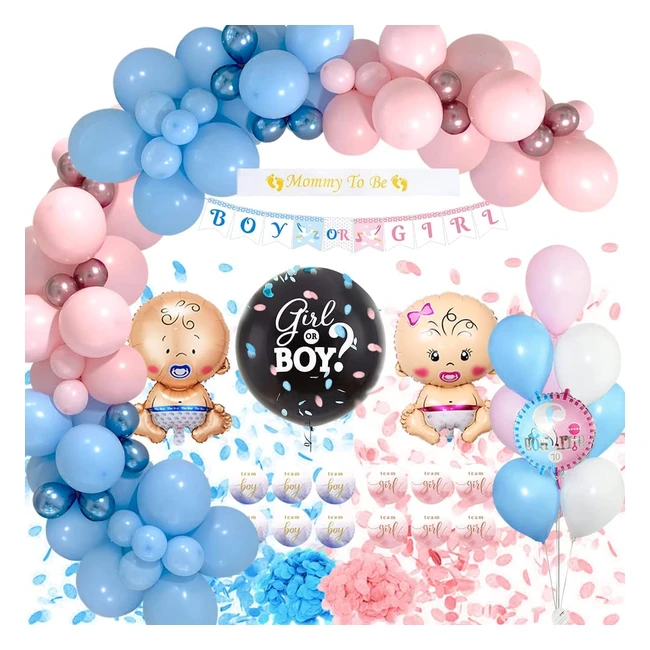 Set Decoración Gender Reveal para Baby Shower - Globos, Pegatinas, Confeti y Banner