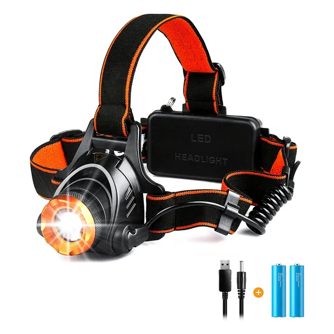 Lampe Frontale LED Zoomable 2000 Lumens Rechargeable USB - IP66 Étanche pour Course, Pêche, Cyclisme, Bricolage etc.