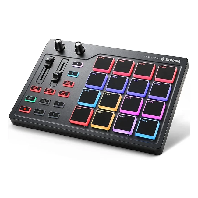 StarryPad Mini - Controller MIDI Pad Drum Pad Professionale con 16 Pad, MIDI Out, 2 Fader e Knobs Assegnabili