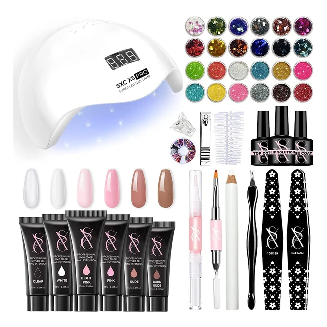 SXC Cosmetics P12 Poly Nail Gel Kit with UV Lamp - All-in-One Enhancement Starter Kit with 6 Colors and 30 Glitter Colors