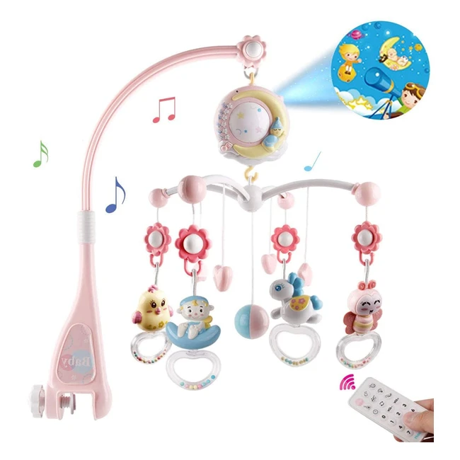 Mobile musical lit bébé avec veilleuse et projecteur ciel étoilé - 150 berceuses, 5 bruits blancs, 10 mélodies - Cadeau de naissance pour bébé fille/garçon