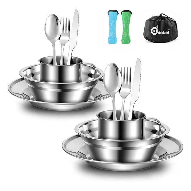Odoland Camping Cutlery Set - Stainless Steel Mess Kit with Plate, Cup, Fork, Spoon - 7 in 1 Flatware Kit with Mesh Bag