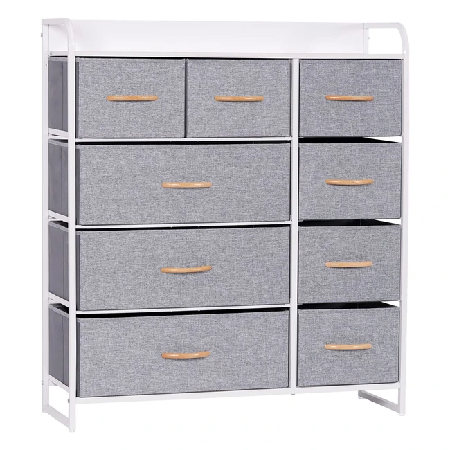 LyncoHome 9-Drawer Fabric Chest - Sturdy Steel Frame - Easy Pull Bins - Wooden Top - Snow Gray