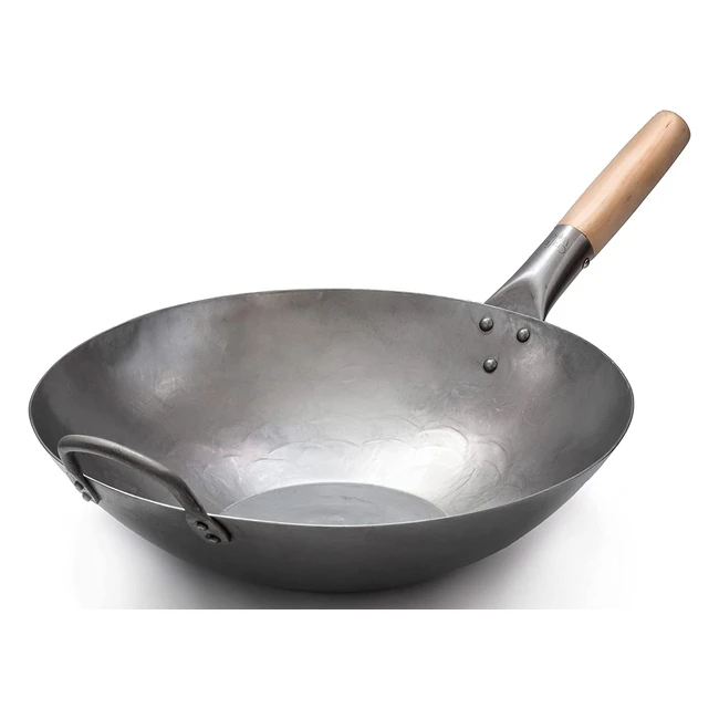 Craft Wok 14-Inch Flat Hand-Hammered Carbon Steel Pow Wok with Wooden and Steel Helper Handle - Commercial Grade 15 Gauge 18mm - Seasoning Instructions Included