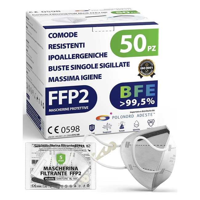 Mascherine FFP2 Adeste Bianche - Certificazione CE - Filiera Controllata - Elastici Comodi e Regolabili - Sicura Filtrazione - 50pz