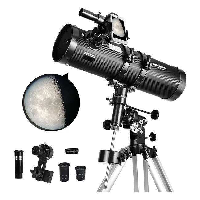 Télescope 130EQ Newtonian pour adultes avec adaptateur pour smartphone, lentille Barlow 15x et filtre lunaire 13T