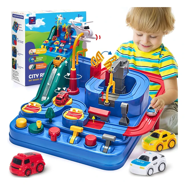 Pista de coches para niños de 3 años - Juguetes educativos para habilidades motoras - Incluye 3 mini coches - Marca: Aventura Playset