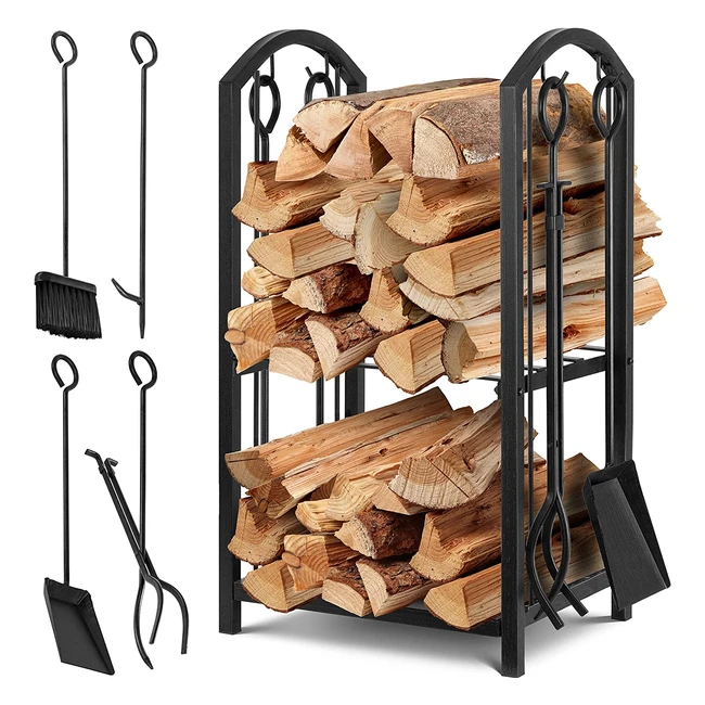 Kesser Firewood Rack 5-teiliges Set | 2 Ebenen | 4 Kaminwerkzeuge | Verstellbar | Schwarz