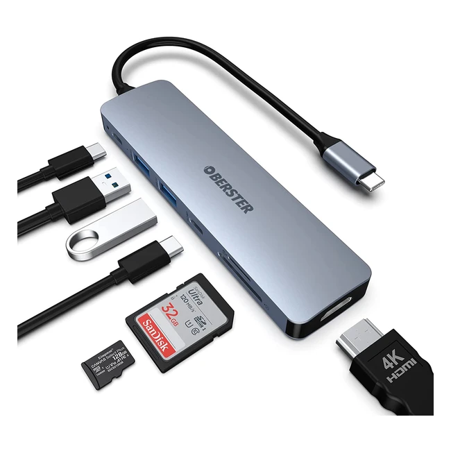 USB C Hub 7-in-1 Adapter mit 4K HDMI, USB-C 3.0, 2 USB 3.0 Ports, 100W PD, SD/TF Kartenleser - Kompatibel mit Thunderbolt 3, MacBook Pro/Air, Windows und anderen Typ-C Geräten