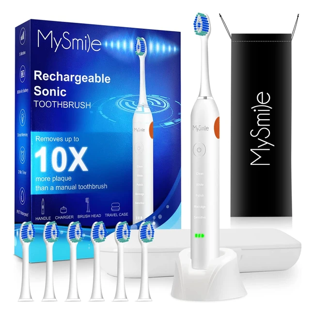 Mysmile Sonic Electric Toothbrush - 6 Heads, 5 Modes, Smart Timer, Travel Case