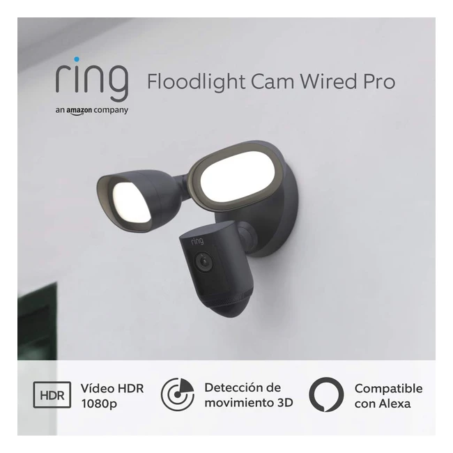 Cámara de seguridad Ring Floodlight Cam Wired Pro con HDR 1080p y detección de movimiento 3D - Prueba gratuita de 30 días del plan Ring Protect - Negro
