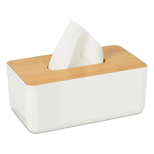 Caja para pañuelos Relaxdays, moderna y práctica, plástico blanco con tapa de bambú, 10x23x13 cm, 1 ud.