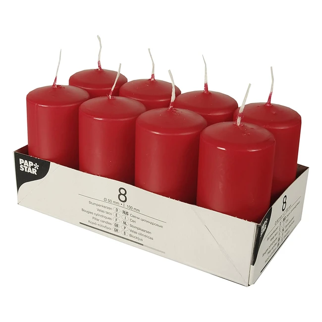 Lot de 8 bougies en paraffine rouge Papstar - 50mm x 100mm - Durée de combustion 16h