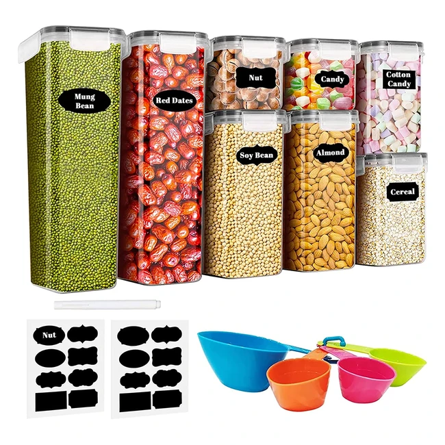 Botes de cocina sellados de plástico para alimentos - Juego de 8 piezas con etiquetas y cucharas medidoras
