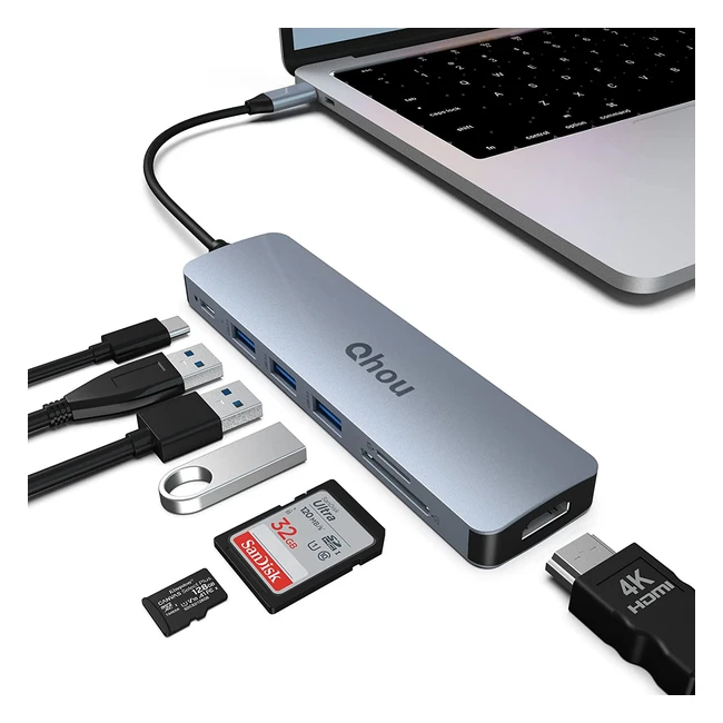 USB C Hub QHOU Multiport Adapter 7 in 1 mit 4K HDMI, 3 USB 3.0, 100W PD, SD/TF - Kompatibel für MacBook, Surface Pro, iPad Pro, Air, Laptop und mehr Typ C Geräten