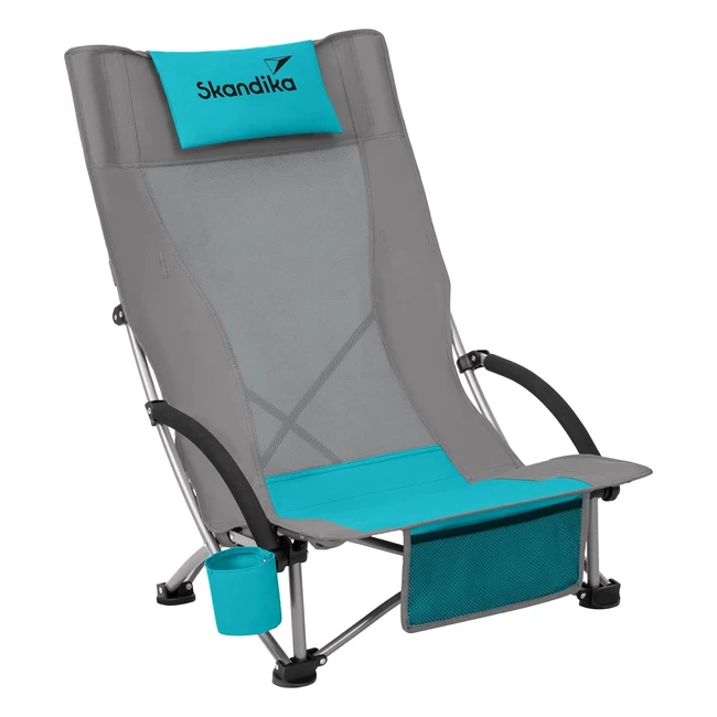 Skandika Beach Folding Chair - Komfortabler Strandstuhl mit atmungsaktivem Mesh-Getränkehalter - Leicht und tragbar - Max. 136kg - Faltbarer Campingstuhl - Deckchair Grau-Blau