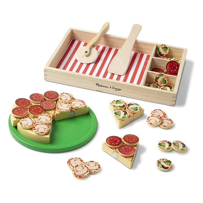 Melissa & Doug Holzspielzeug Pizzeria Set - 54 Garnituren, Pizza-Schneider, Spatel & Holzkiste