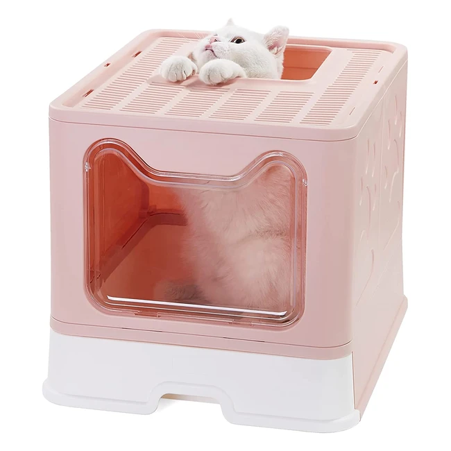 Vealind Top Entry Cat Litter Box - XXL Space, Foldable, Front Entry & Top Exit, with Lid and Shovel