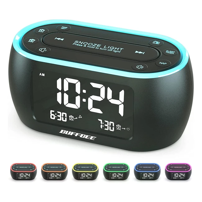 Réveil Glow Buffbee avec veilleuse 7 couleurs, double alarme, radio FM et minuterie de sommeil