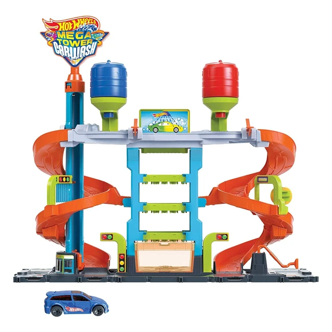 Hot Wheels City Mega Tower Car Wash System - Color Changing Effect with Cold and Warm Water - Includes 1 Color Shifter Toy Car for Children 4+
