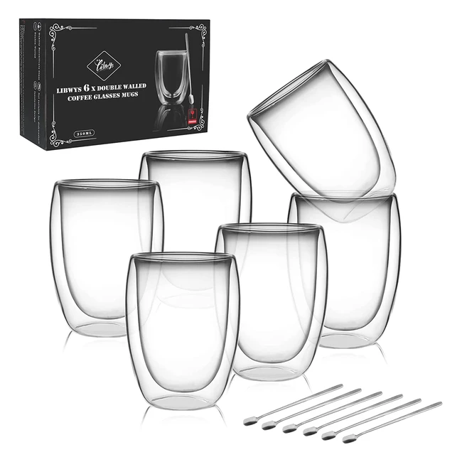 Libwys 6 Pack Double Walled Coffee Glasses - Heat Resistant Cups for Cappuccino, Latte, Tea, Milk - 350ml