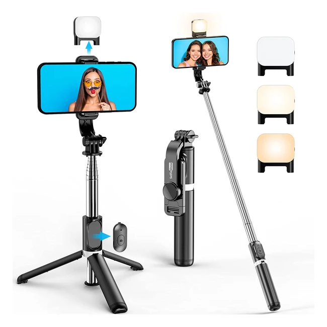 Perche selfie télescopique avec lumière détachable et télécommande amovible 360° pour iPhone Samsung Huawei