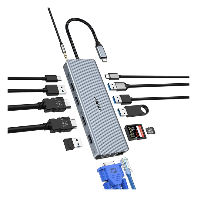 USB C Docking Station 14in1 Dual HDMI 4K VGA 10GB USB 3.1 PD 100W Ethernet SDTF Audio