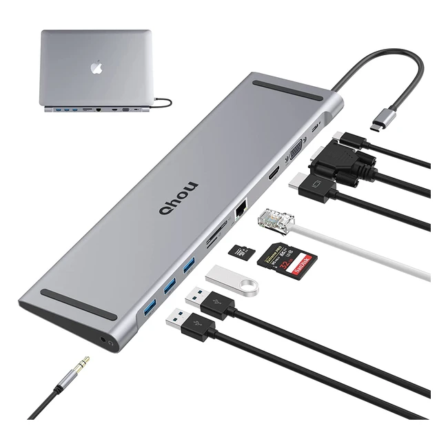 USB-C Docking Station QHOU 10-in-1 Dual Monitor mit 4K HDMI/VGA, 3 USB 3.0, PD 100W, Ethernet, SD/TF Slots für MacBook und Windows