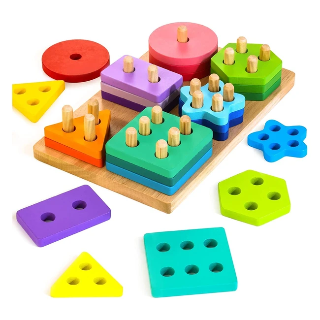 Jouet en bois Montessori Hellowood pour tout-petits de 1 à 3 ans - 24 blocs géométriques à empiler et trier