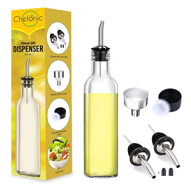 Glass Olive Oil Dispenser 500ml - Easy Refill, 2 Stainless Steel Pourers, Borosilicate Oil Bottle for Cooking